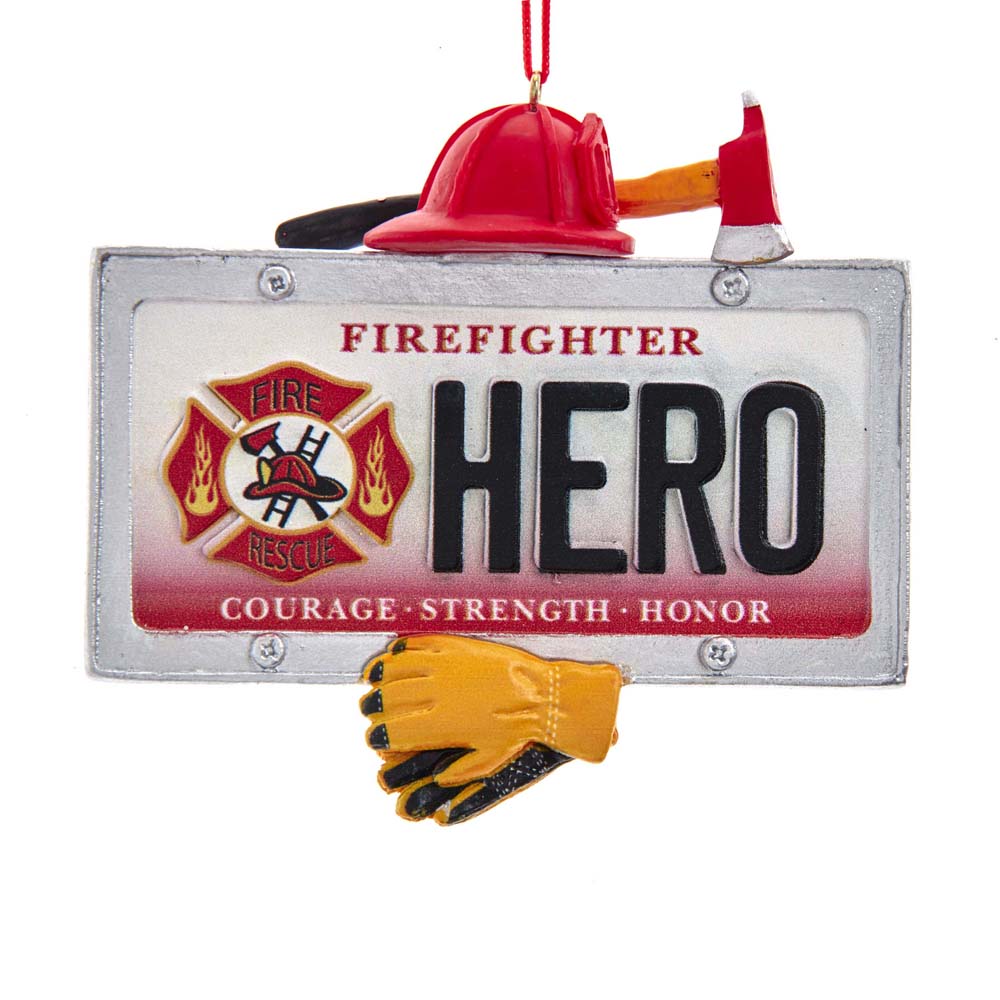 Firefighter Hero License Plate Ornament - Kurt Adler