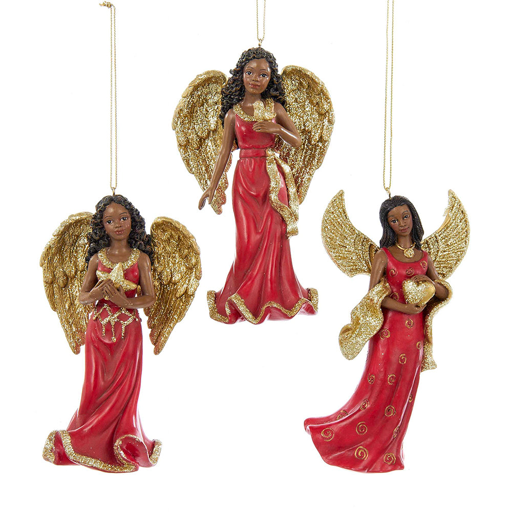 Red and Gold African American Angel Ornaments, 3 Assorted - Kurt Adler
