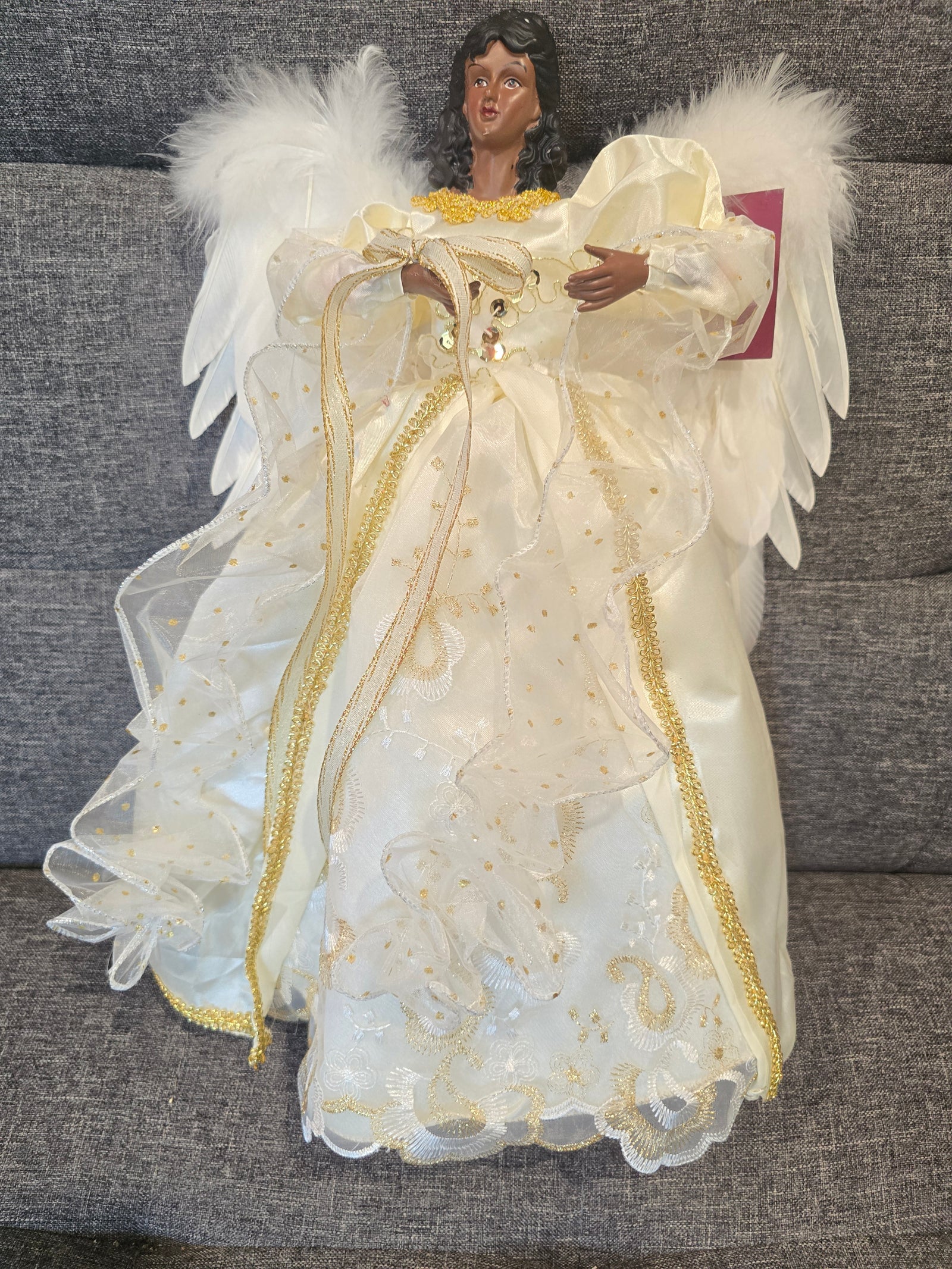 African American Angel in Ivory Dress Tree Topper