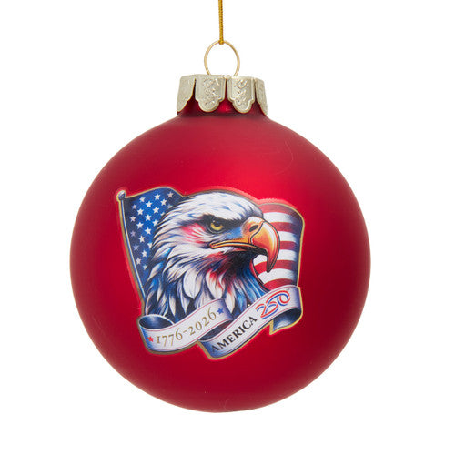 80MM Glass America 250th Red Ball With Eagle Head & Flag Ornament - Kurt Adler